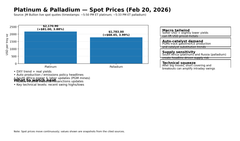 Why platinum and palladium prices are moving today: key market drivers (Feb 20, 2026)