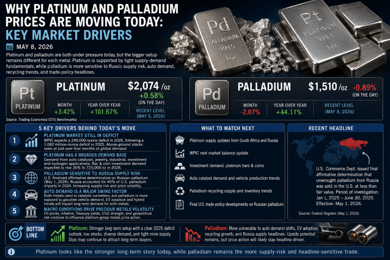 Why platinum and palladium prices are moving today: key market drivers (May 8, 2026)