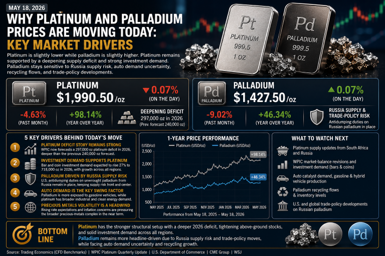 Why platinum and palladium prices are moving today: key market drivers (May 18, 2026)