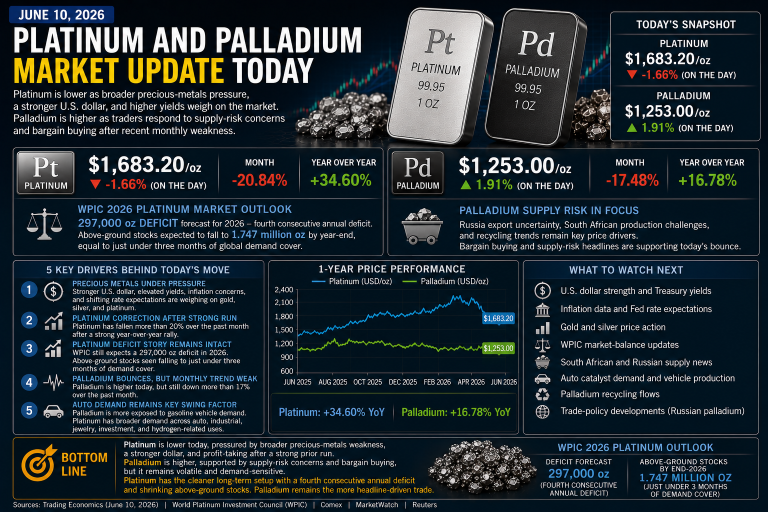Why platinum and palladium prices are moving today: key market drivers (June 10, 2026)