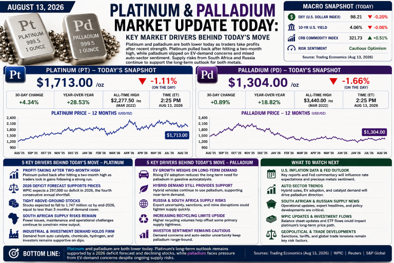Why platinum and palladium prices are moving today: key market drivers (August 13, 2026)