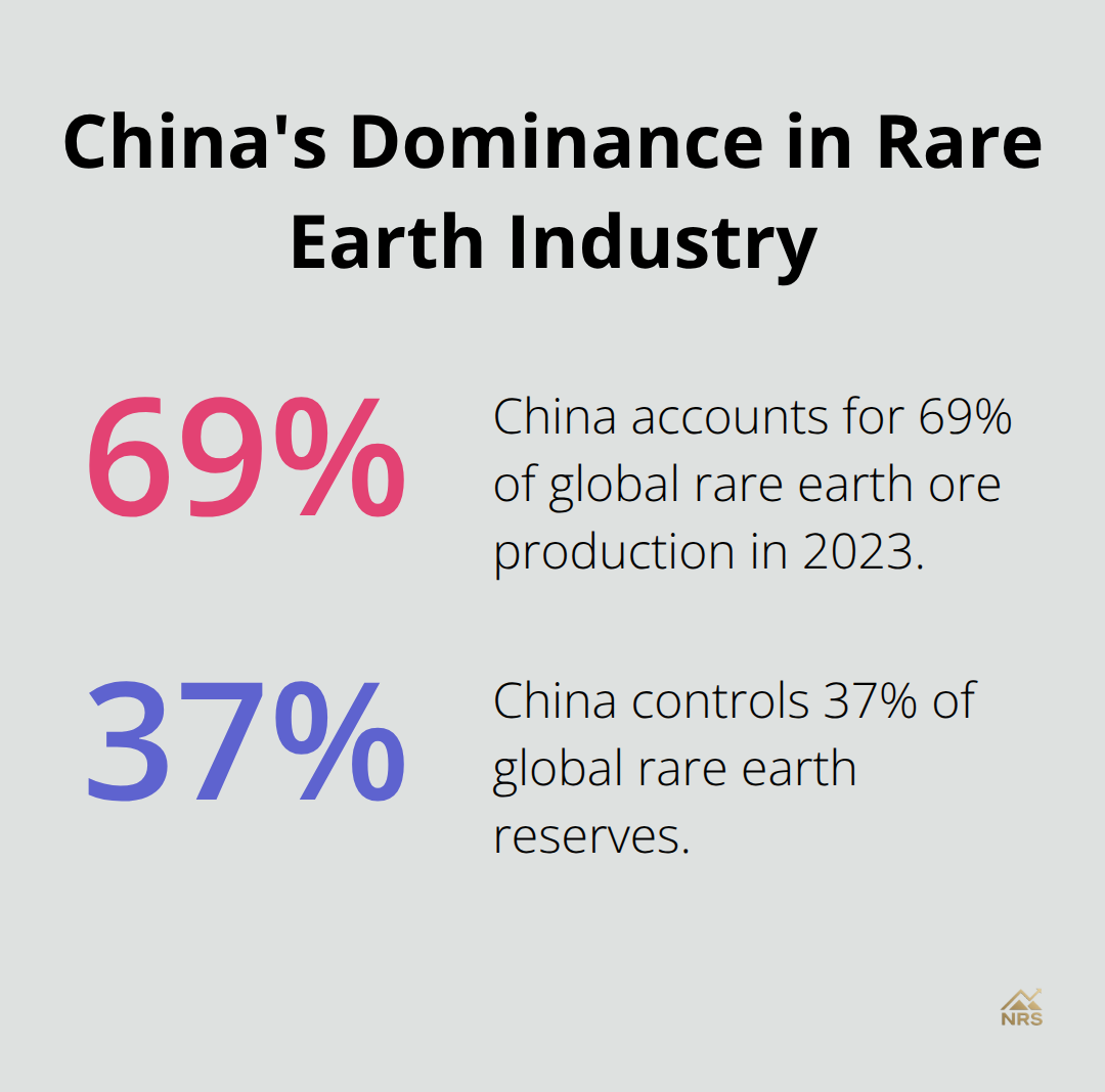 Chart showing China's 69% share of global rare earth production and 37% control of global reserves in 2023