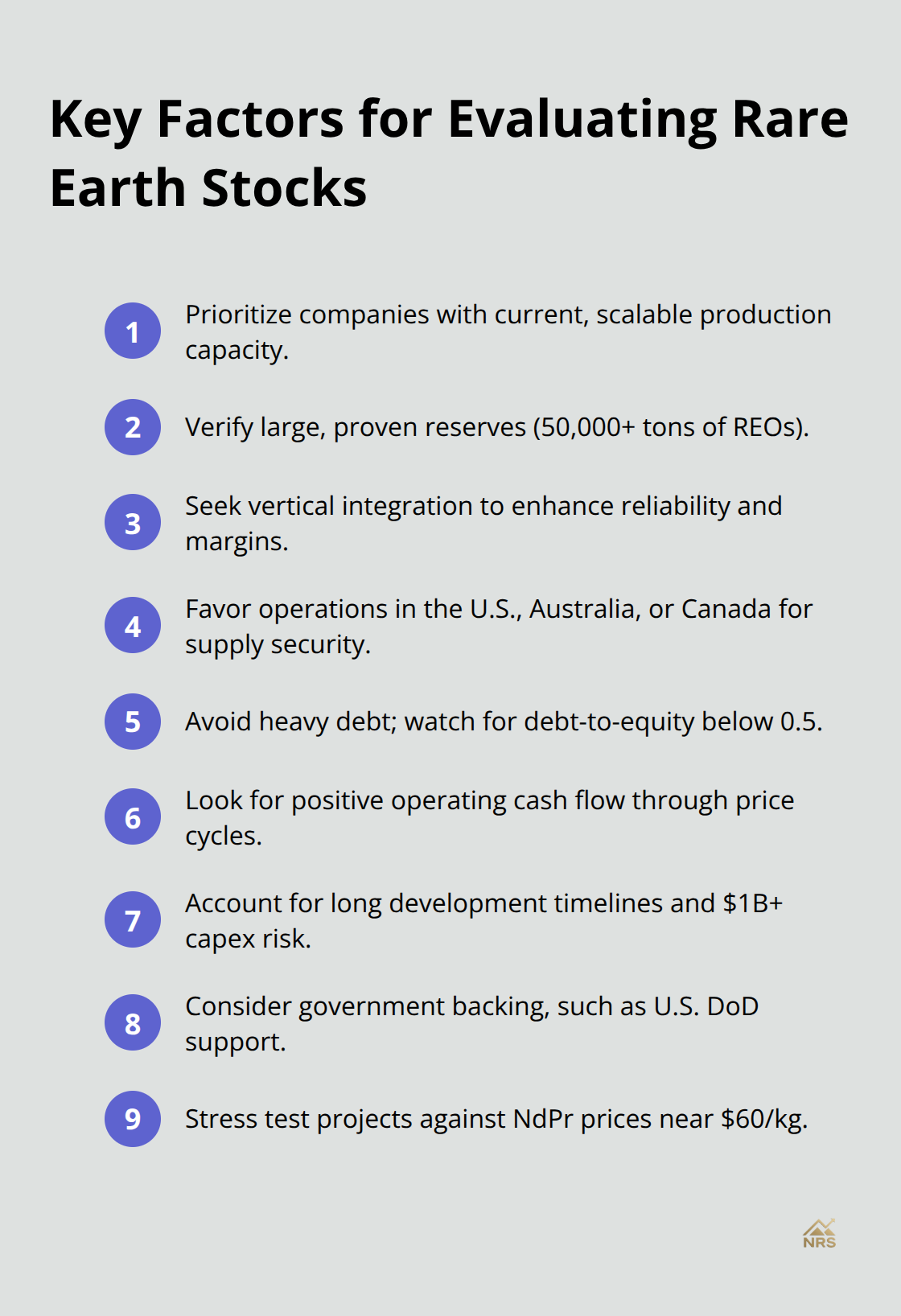 Compact checklist of essential criteria for assessing rare earth investments.