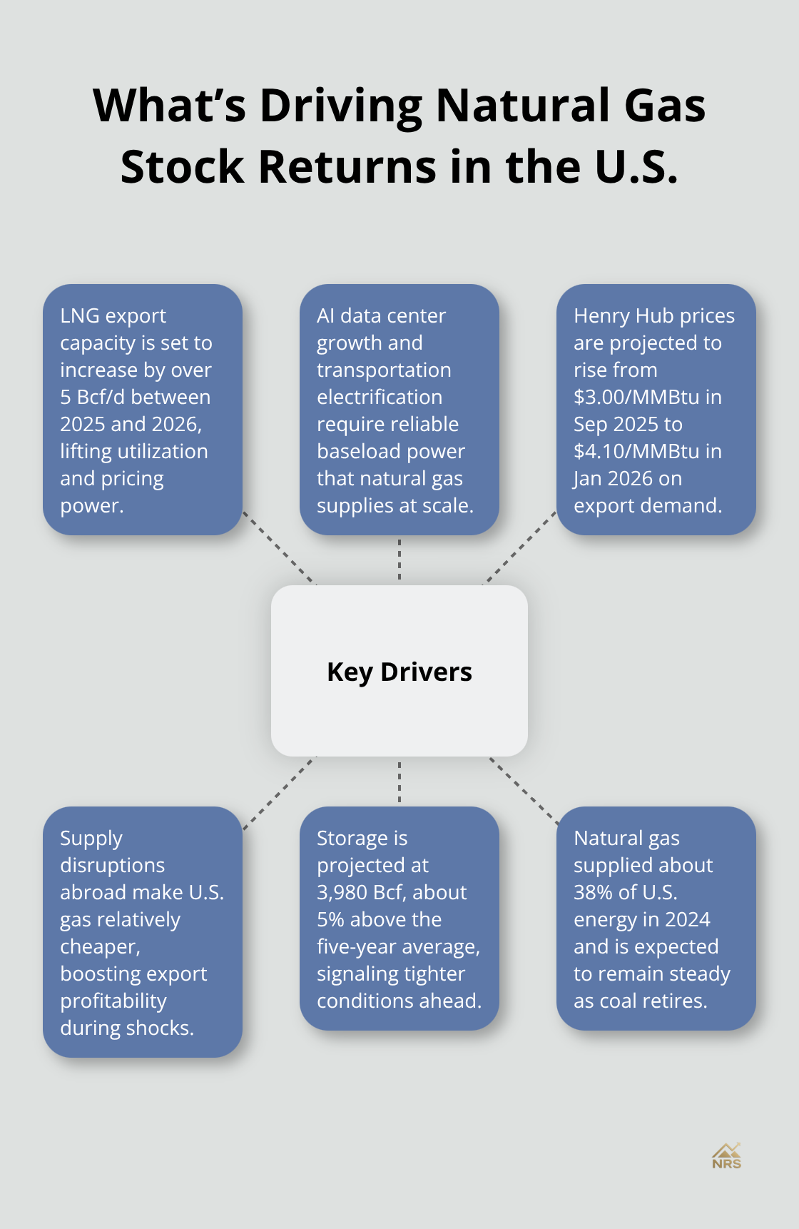Hub-and-spoke view of the main forces shaping U.S. natural gas stock performance - biggest natural gas stocks