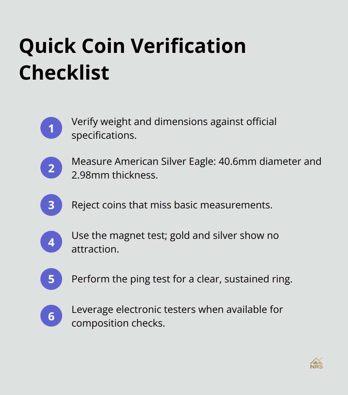 Compact checklist of essential coin authenticity checks - buy gold and silver coins