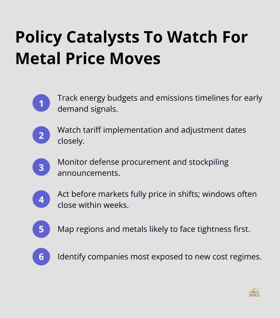 Compact checklist of policy signals that often move metal prices ahead of the market. - geopolitical impact metals markets