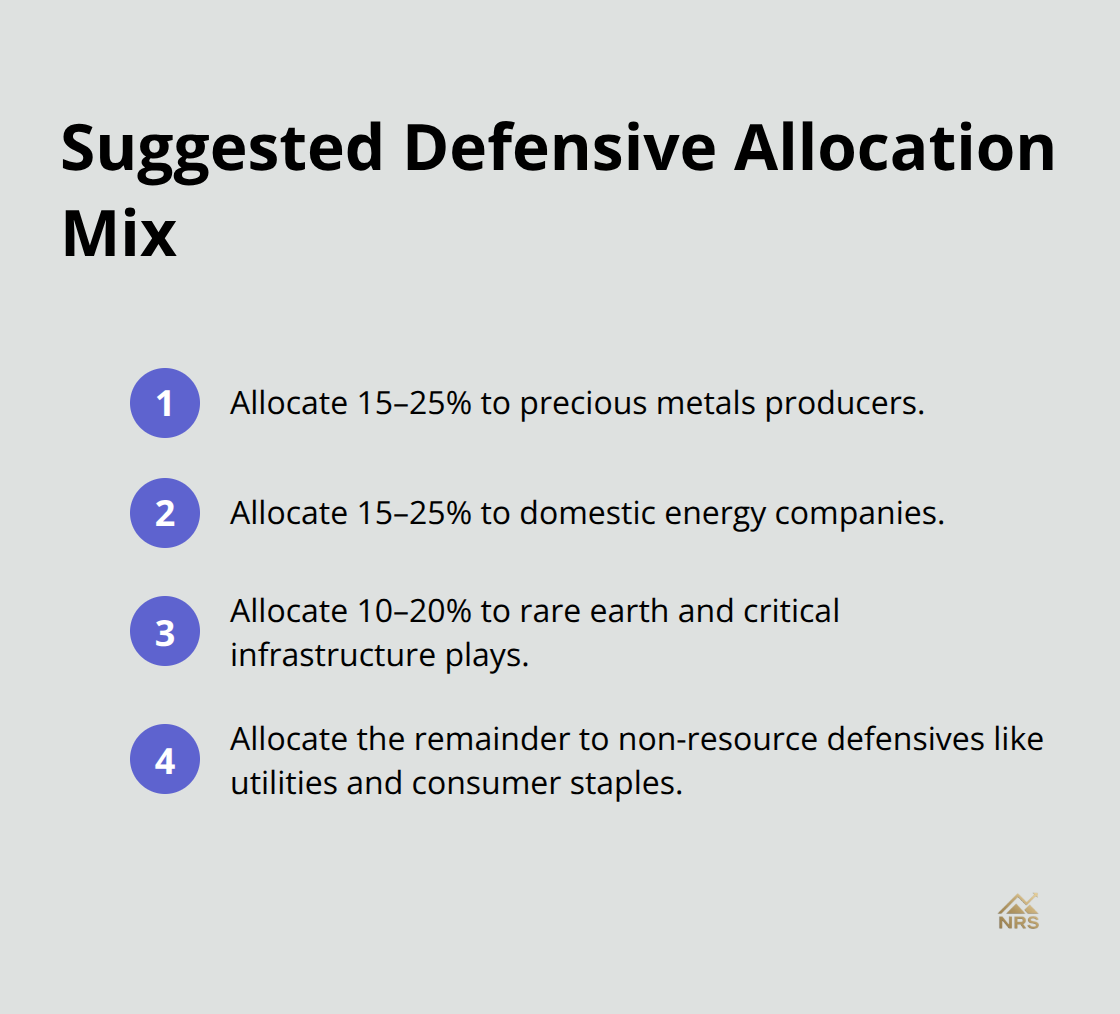 Compact list showing a sample defensive allocation across resource and traditional sectors. - geopolitical risk stock picks