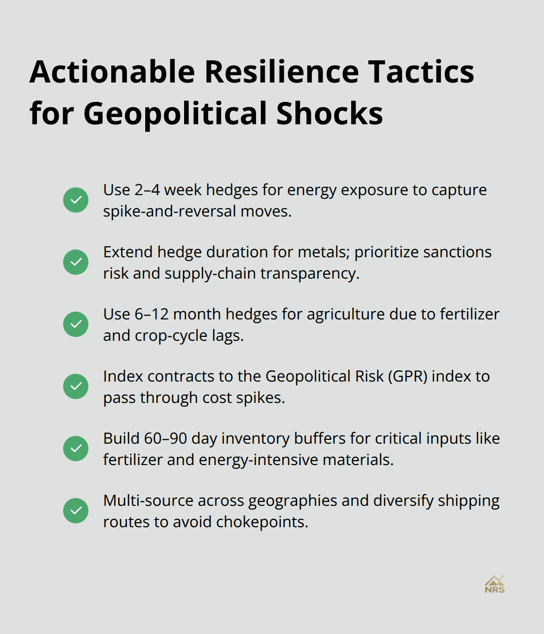 Checklist of portfolio tactics to handle geopolitical commodity shocks.