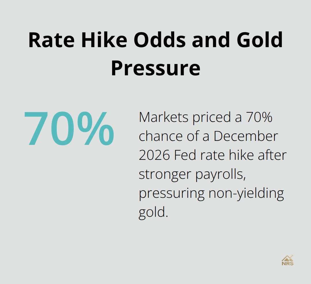 Markets priced a 70% chance of a December 2026 Fed rate hike, increasing the opportunity cost of holding gold.