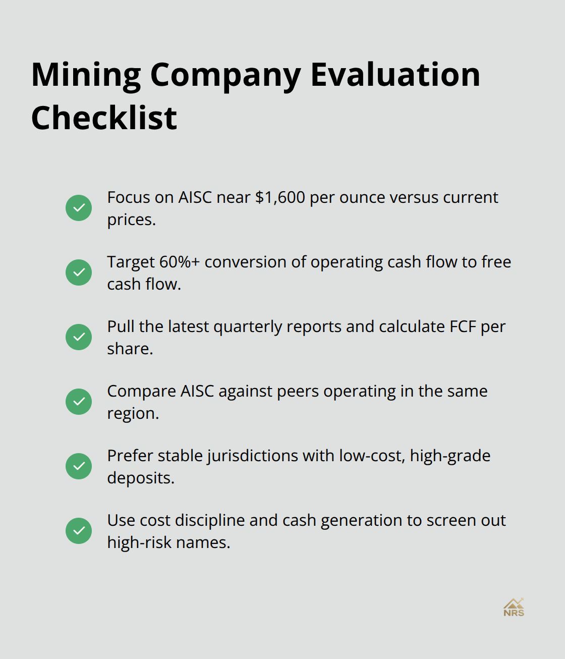 Checkmark list of key metrics for evaluating gold miners