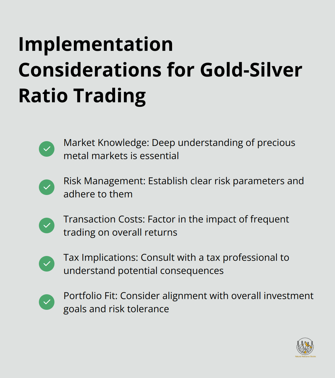 Checkmark list of five key implementation considerations for gold-silver ratio trading: Market Knowledge, Risk Management, Transaction Costs, Tax Implications, and Portfolio Fit - gold-silver ratio trading strategy