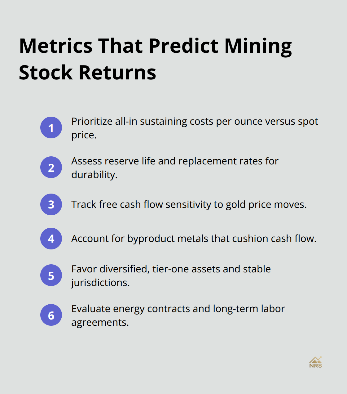 Compact list of core metrics to evaluate gold miners - gold stock picks