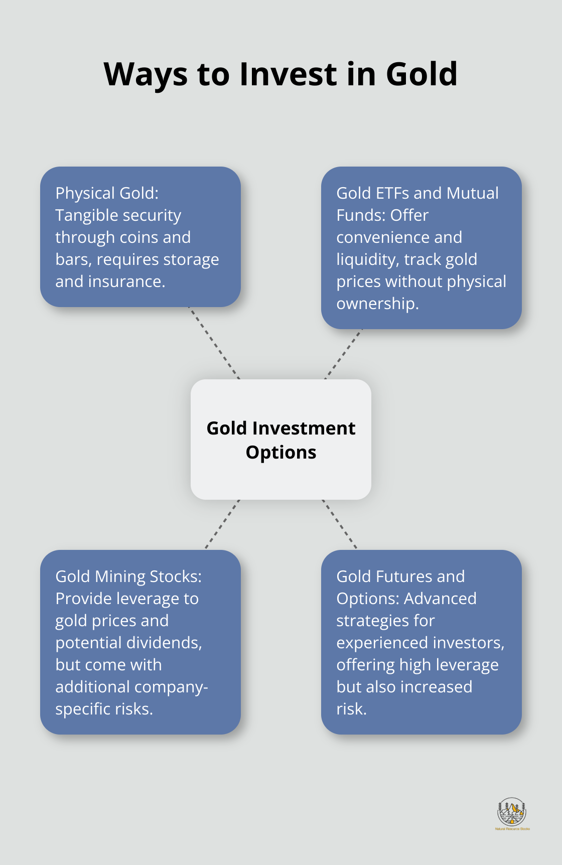 Hub and spoke chart showing different methods of investing in gold - investing in gold during inflation