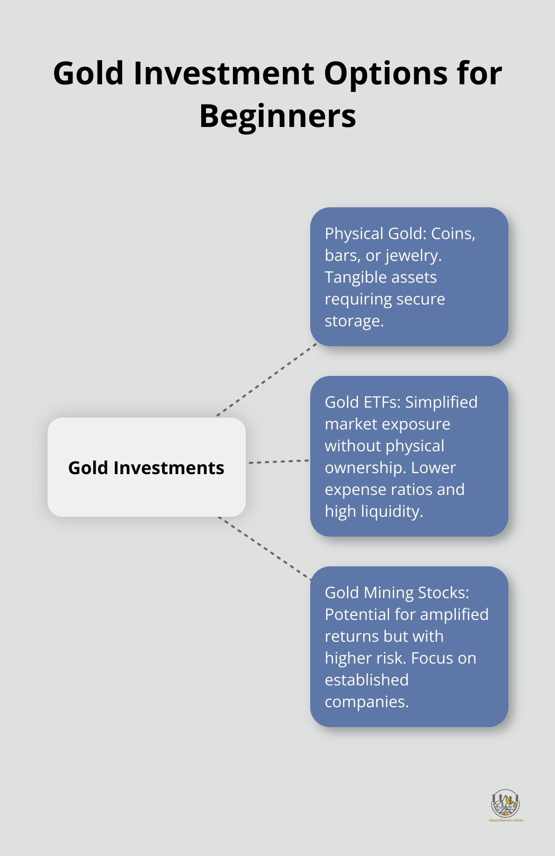 Hub and spoke chart showing different gold investment options: Physical Gold, Gold ETFs, and Gold Mining Stocks - investing in gold for beginners
