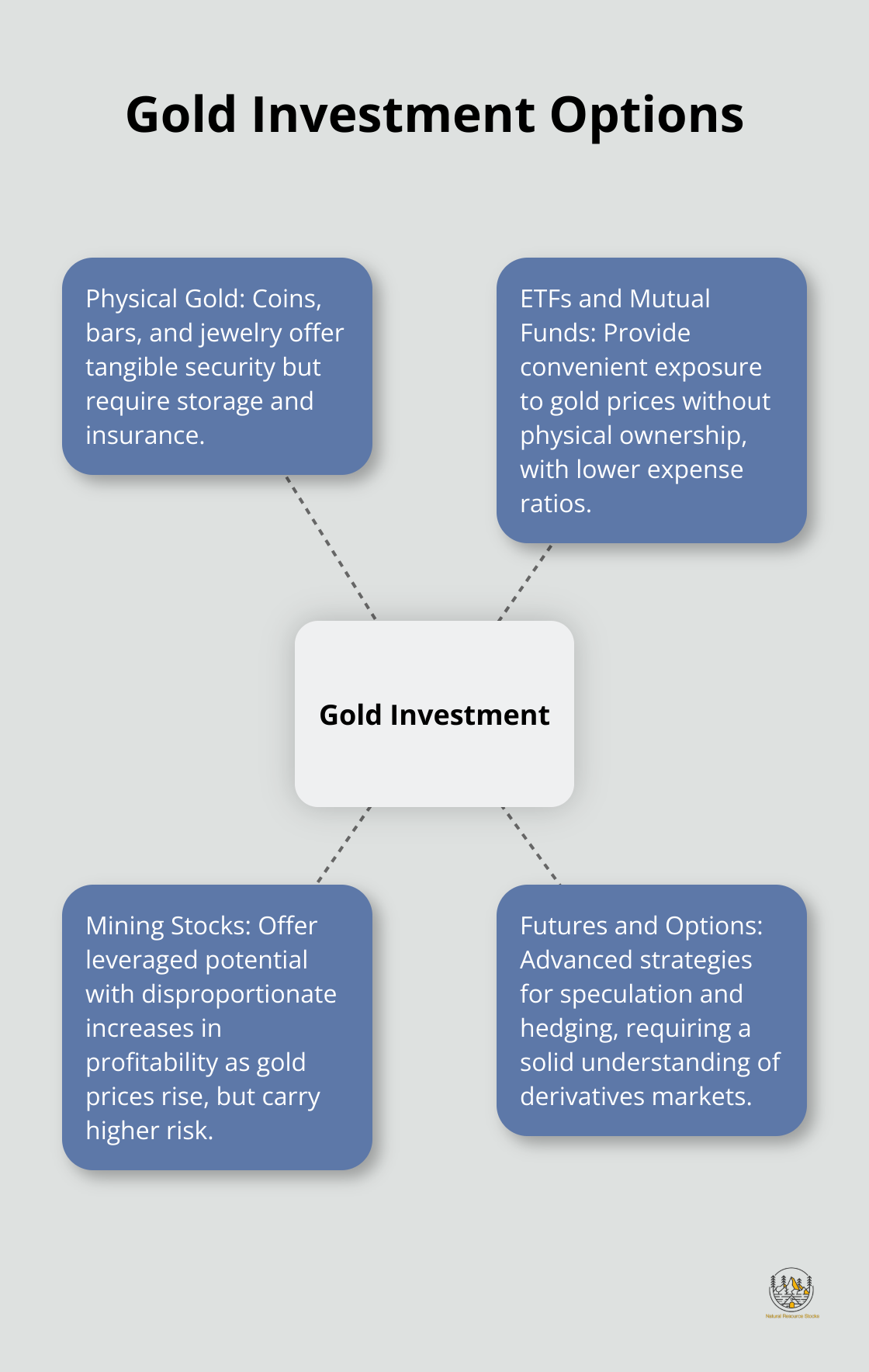 Hub and spoke chart showing various gold investment options: physical gold, ETFs and mutual funds, mining stocks, futures and options