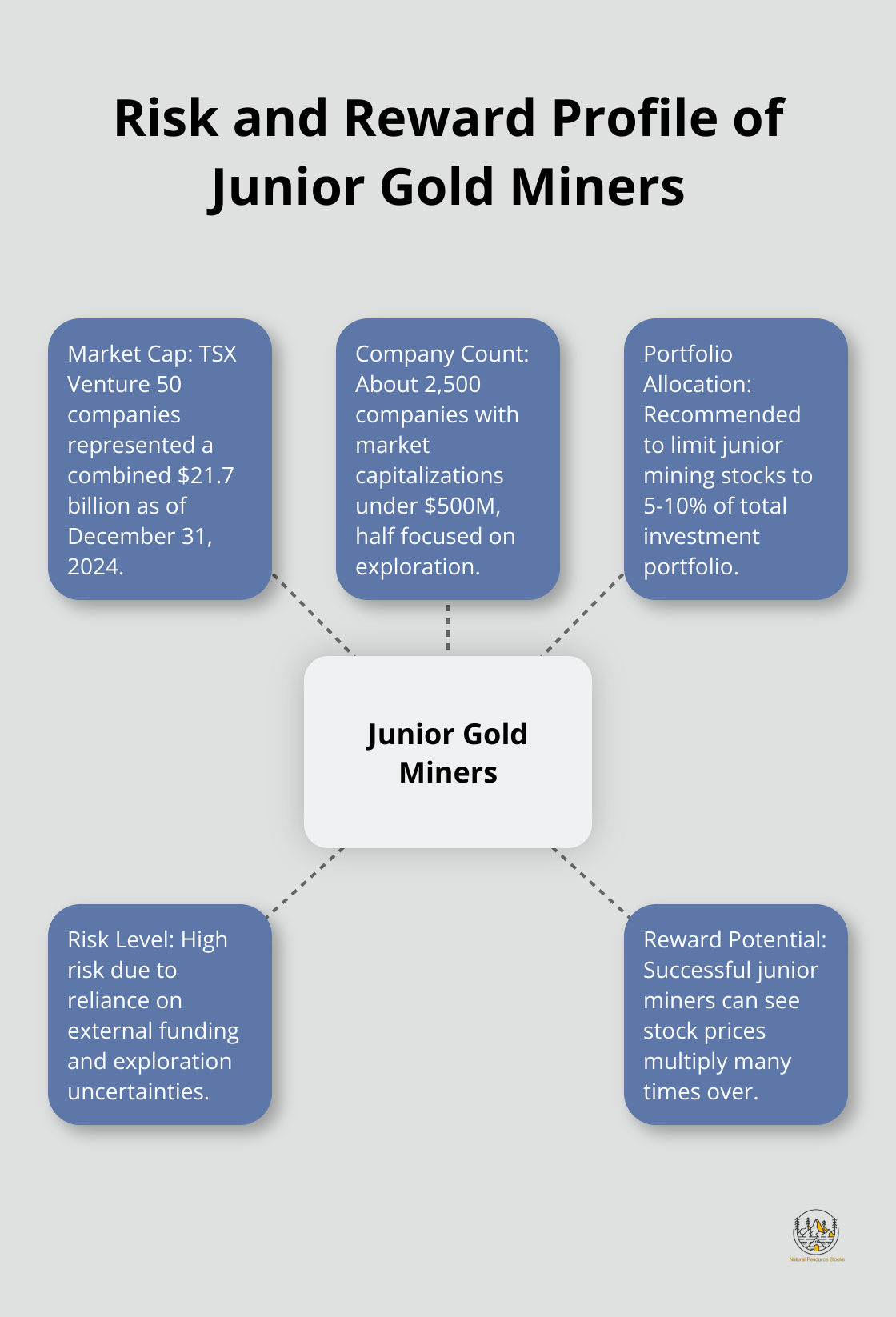 Hub and spoke chart showing key aspects of junior gold miners' risk and reward profile, including market capitalization, number of companies, and recommended portfolio allocation.
