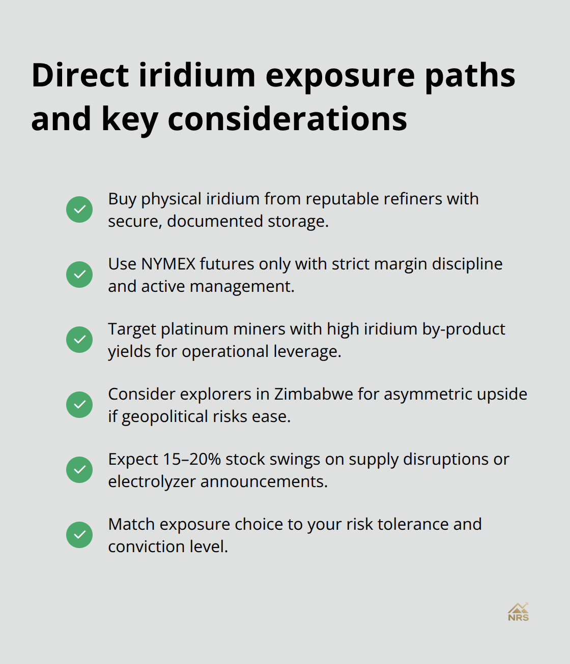 Checklist of ways to invest in iridium and what to watch for, including physical, futures, miners, explorers, volatility, and risk alignment. - iridium metal price forecast