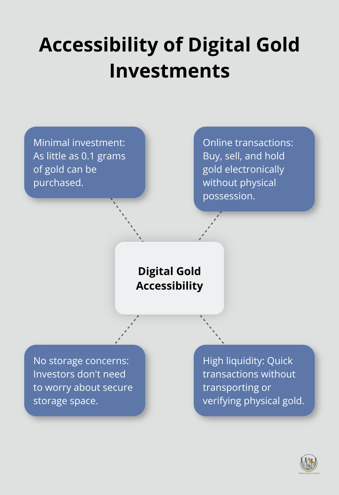 Hub and spoke diagram showing key aspects of digital gold accessibility - is investing in digital gold safe