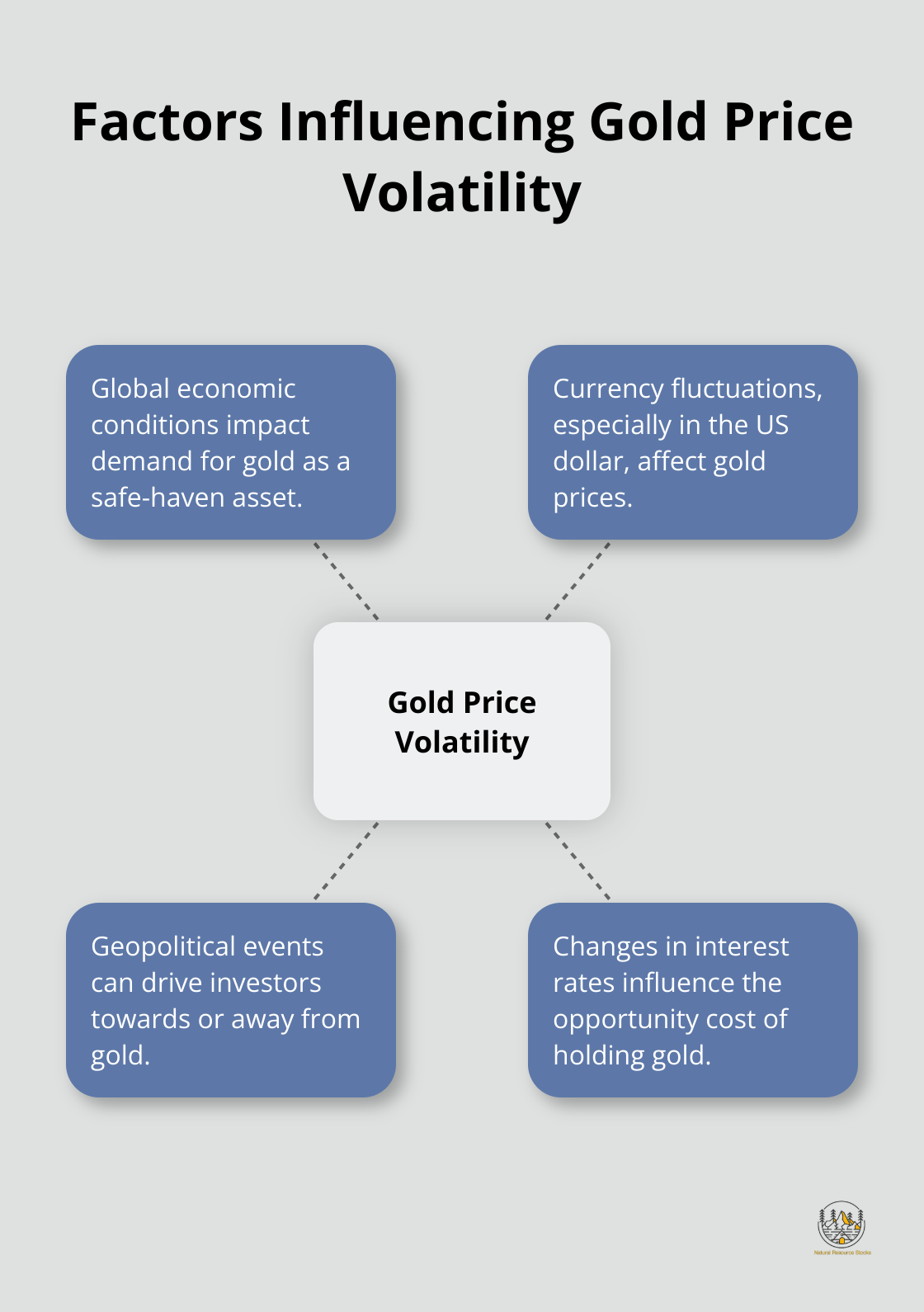 Hub and spoke diagram showing various factors affecting gold price volatility - is investing in digital gold safe