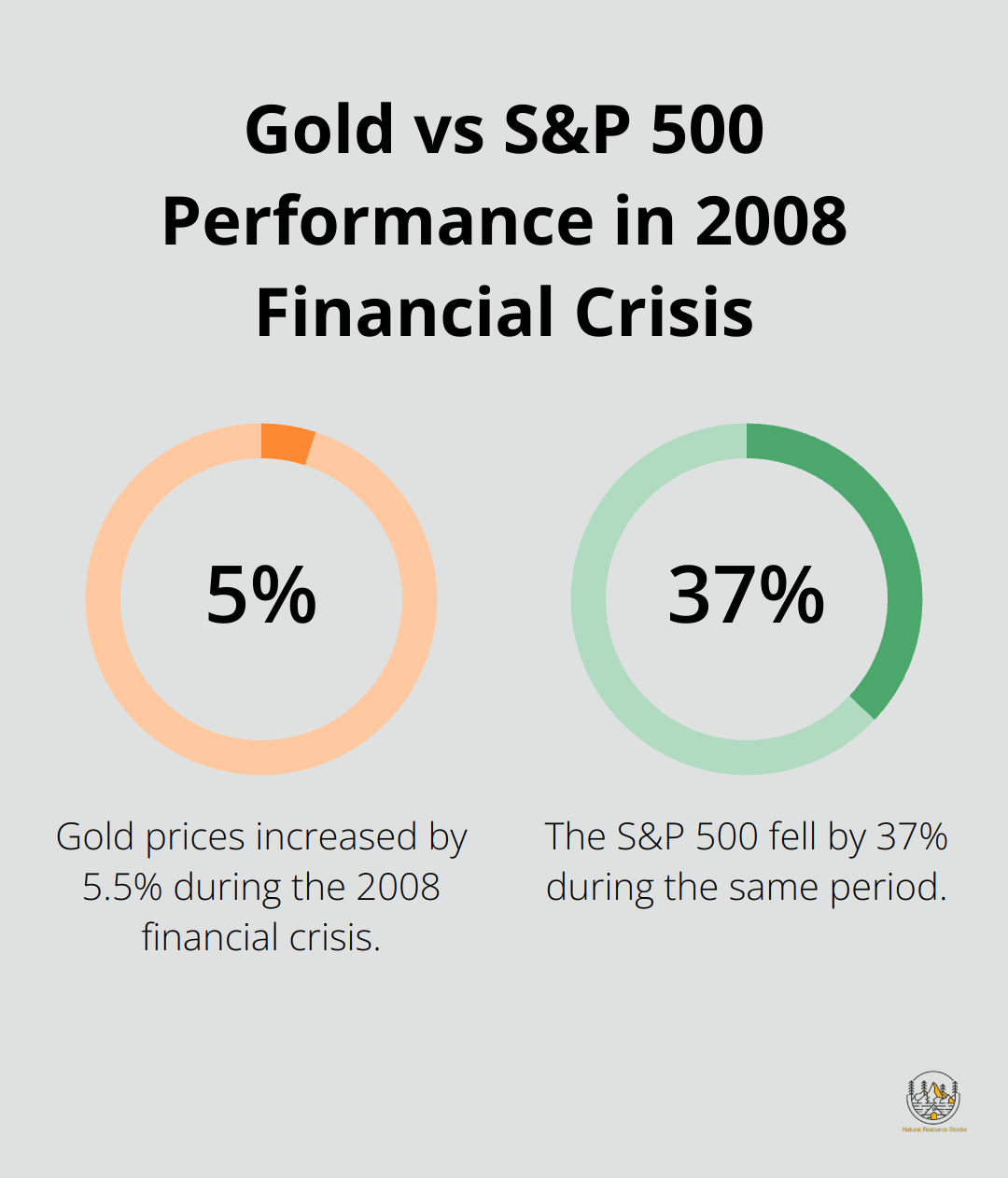 Chart comparing gold's 5.5% increase to S&P 500's 37% decrease during the 2008 financial crisis - is investing in gold and silver a good idea