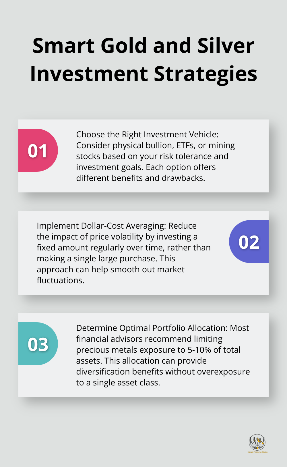 Ordered list chart presenting three key strategies for investing in gold and silver - is investing in gold and silver a good idea