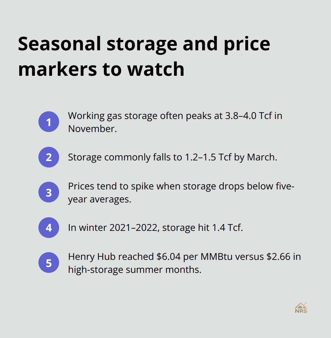 Compact list of natural gas storage cycle levels and related price markers.
