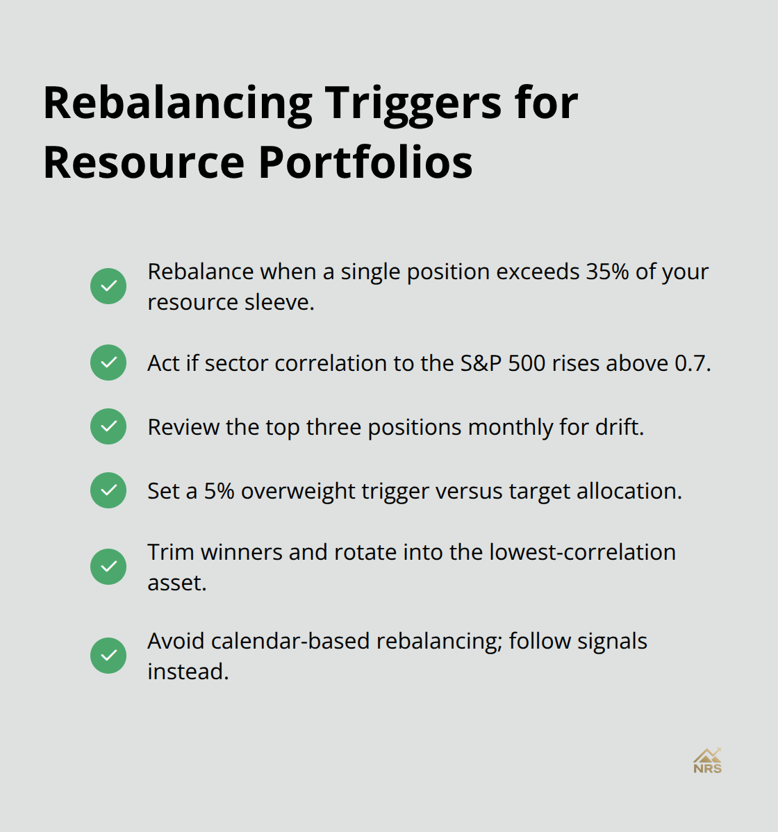 Checkmark list of actionable rebalancing rules for a U.S. natural resources portfolio. - natural resource investment strategy