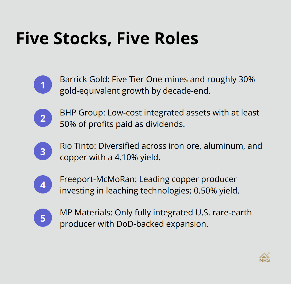 Compact list summarizing the roles of Barrick, BHP, Rio Tinto, Freeport-McMoRan, and MP Materials - natural resource stock picks