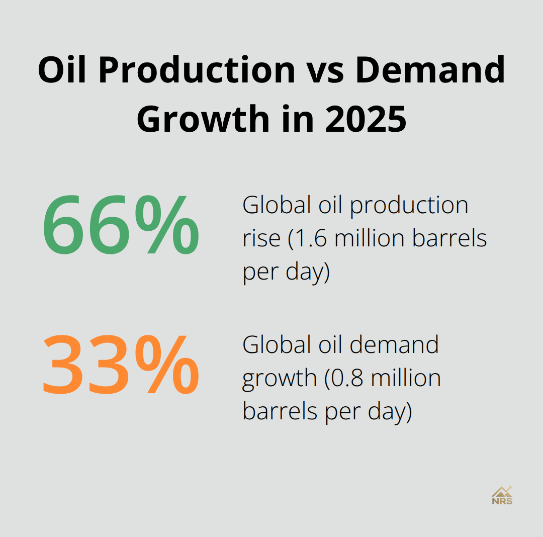 Percentage chart comparing global oil production rise of 66.67% (1.6 million barrels per day) to global oil demand growth of 33.33% (0.8 million barrels per day) in 2025. - oil natural gas stocks