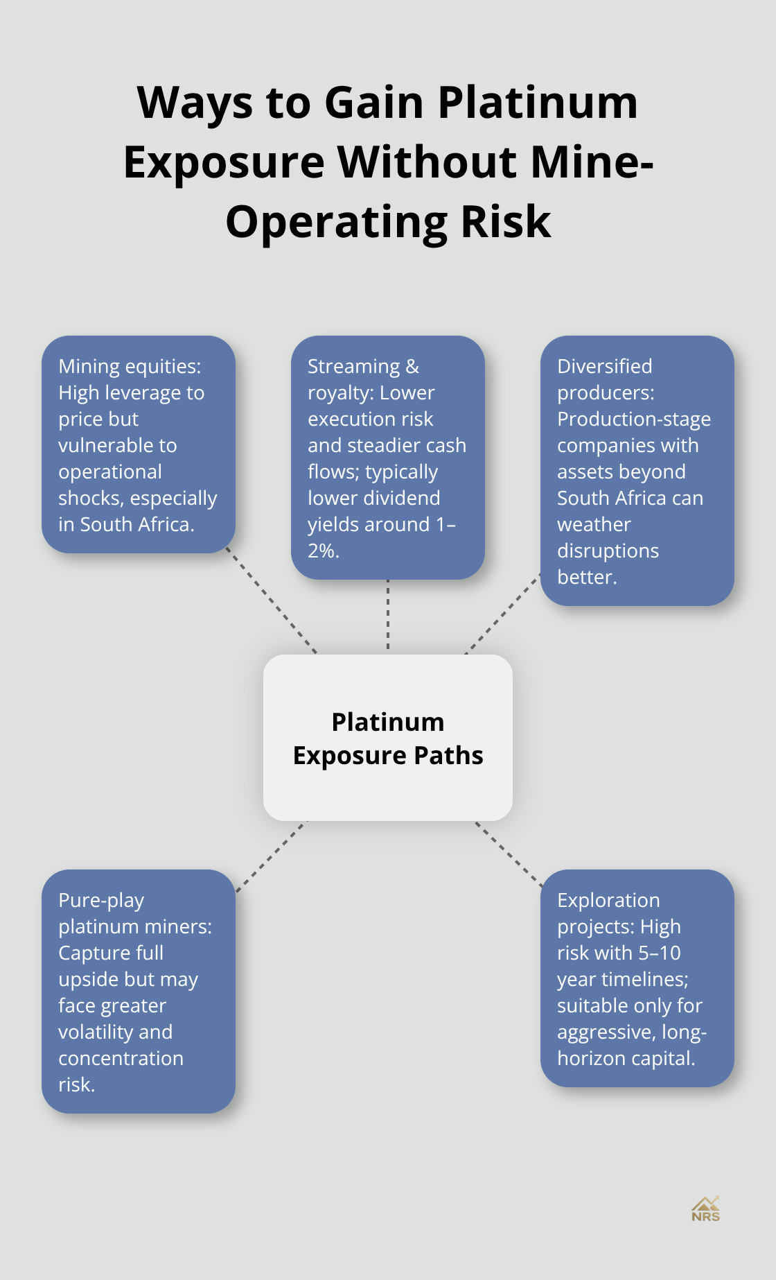 Hub-and-spoke diagram of platinum exposure paths for U.S. investors, highlighting trade-offs in risk and stability. - platinum market analysis 2025