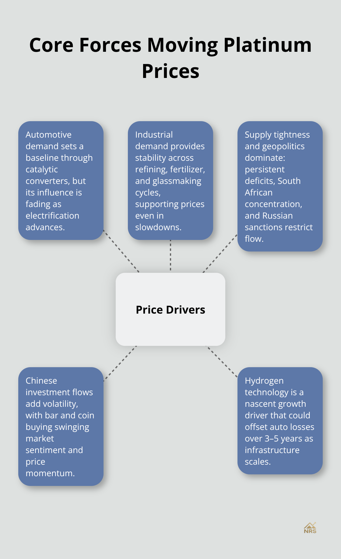 Hub-and-spoke visual of the main forces influencing platinum prices.