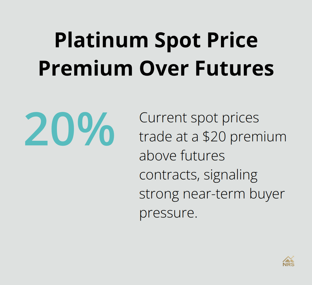 A percentage chart showing the 20% premium of current platinum spot prices over futures contracts.