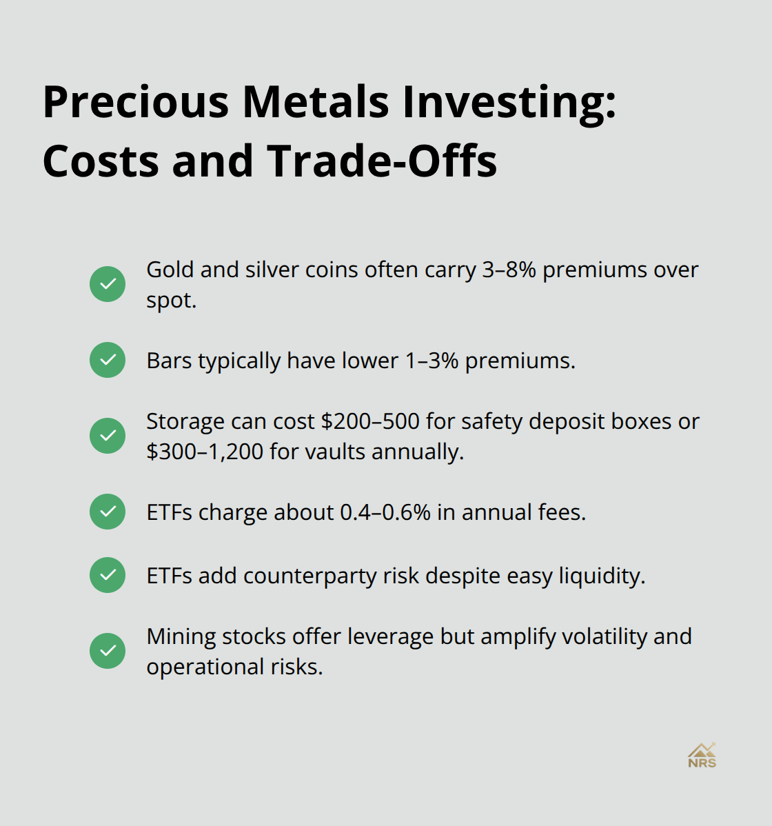 Checklist of costs and considerations for physical metals, ETFs, and mining stocks. - precious metal forecast