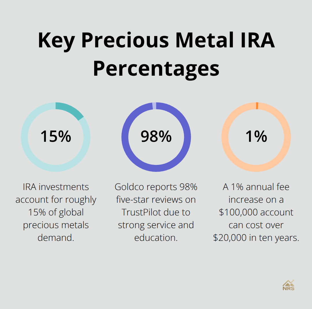 Percentages highlighting IRA demand, customer reviews, and fee impact for precious metal IRAs