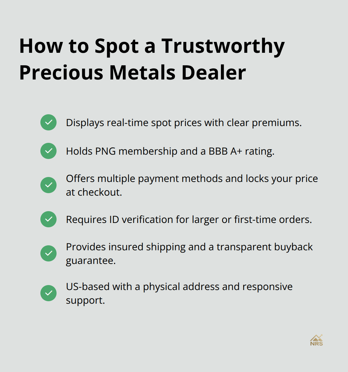 Checklist of trust signals for choosing a reputable precious metals dealer in the United States. - precious metal online