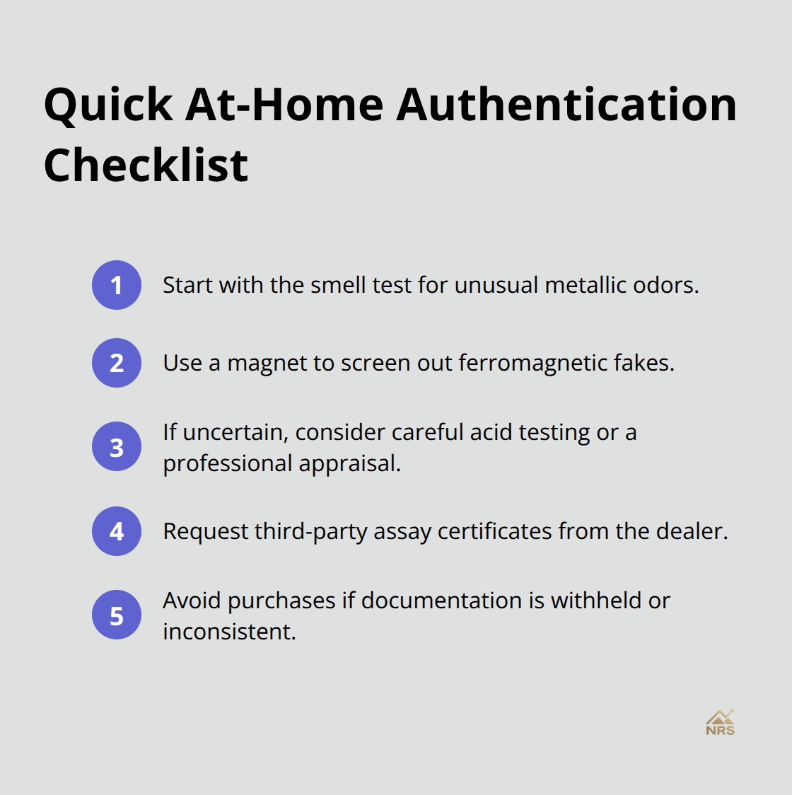 Compact checklist of simple authentication steps to verify precious metals at home. - precious metal online