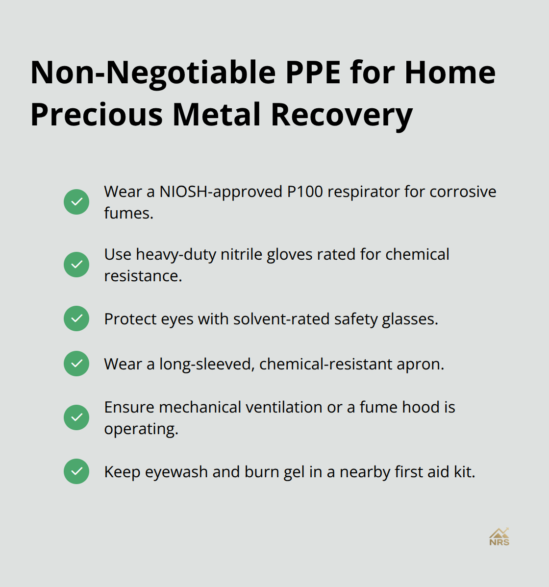 Checklist of essential PPE for safe home precious metal recovery in the United States.