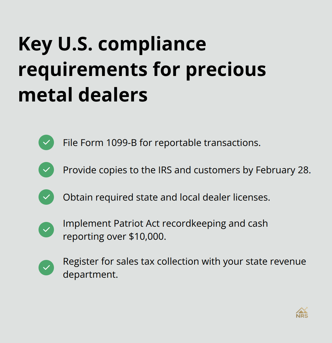 Compliance checklist for U.S. precious metal dealers - precious metal sales
