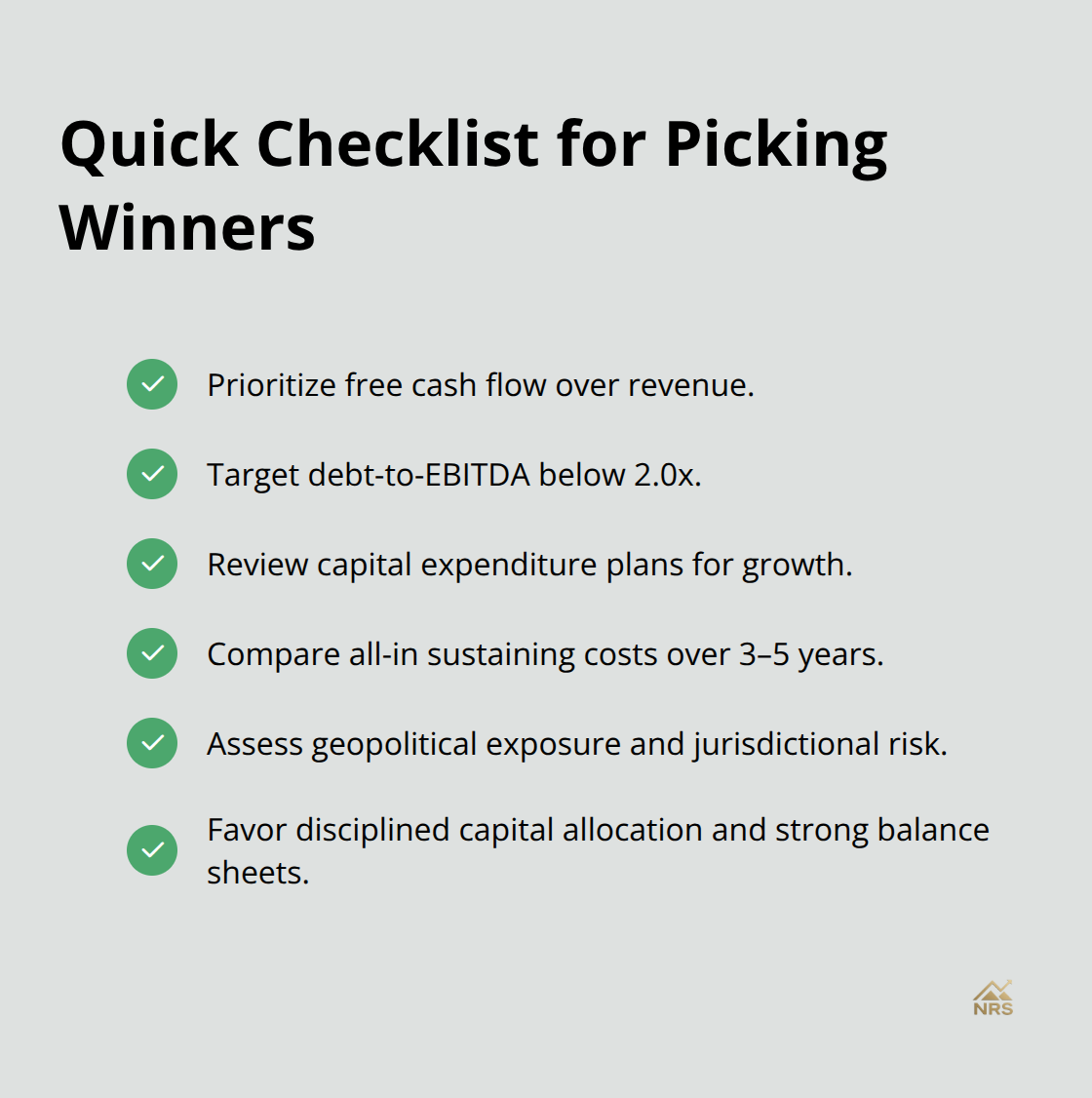 Checklist of key metrics to evaluate precious metal stocks.