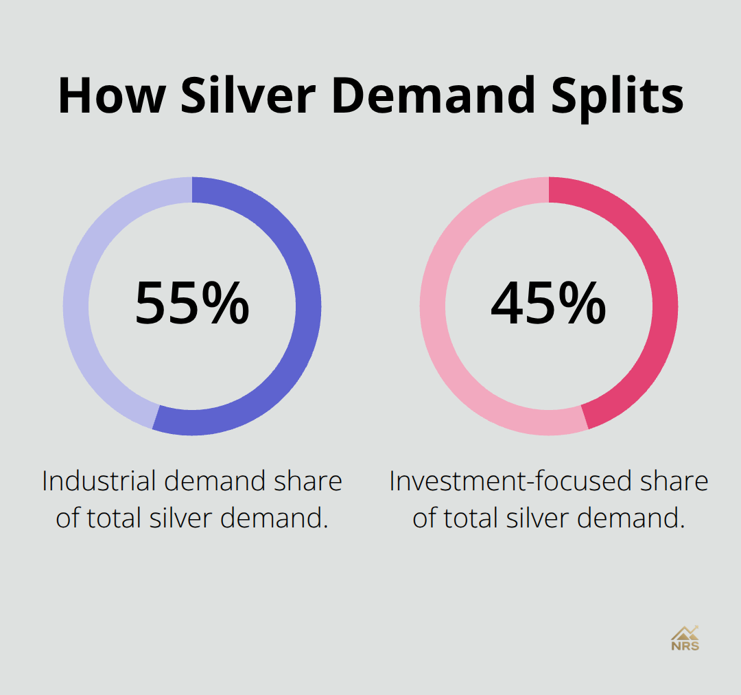 Breakdown of silver demand between industrial uses and investment. - precious metal stocks