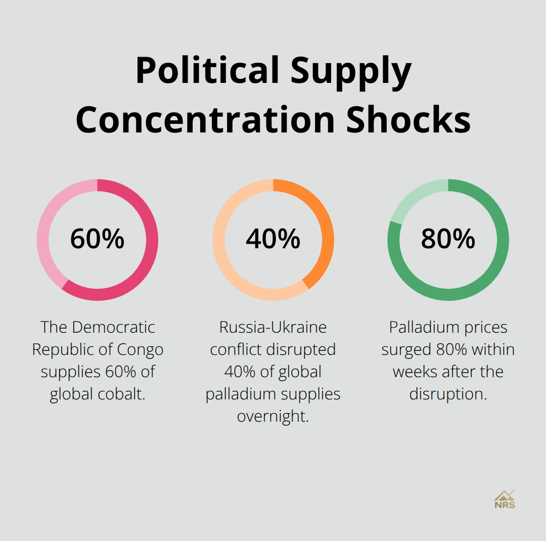 Key percentages showing cobalt concentration and palladium disruption impacts - precious metal supply