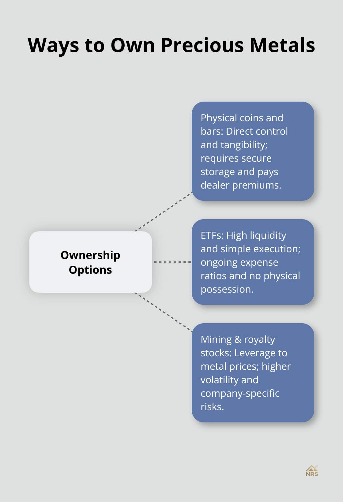 Hub-and-spoke showing physical coins/bars, ETFs, and mining/royalty stocks as ownership options. - precious metals portfolio ideas