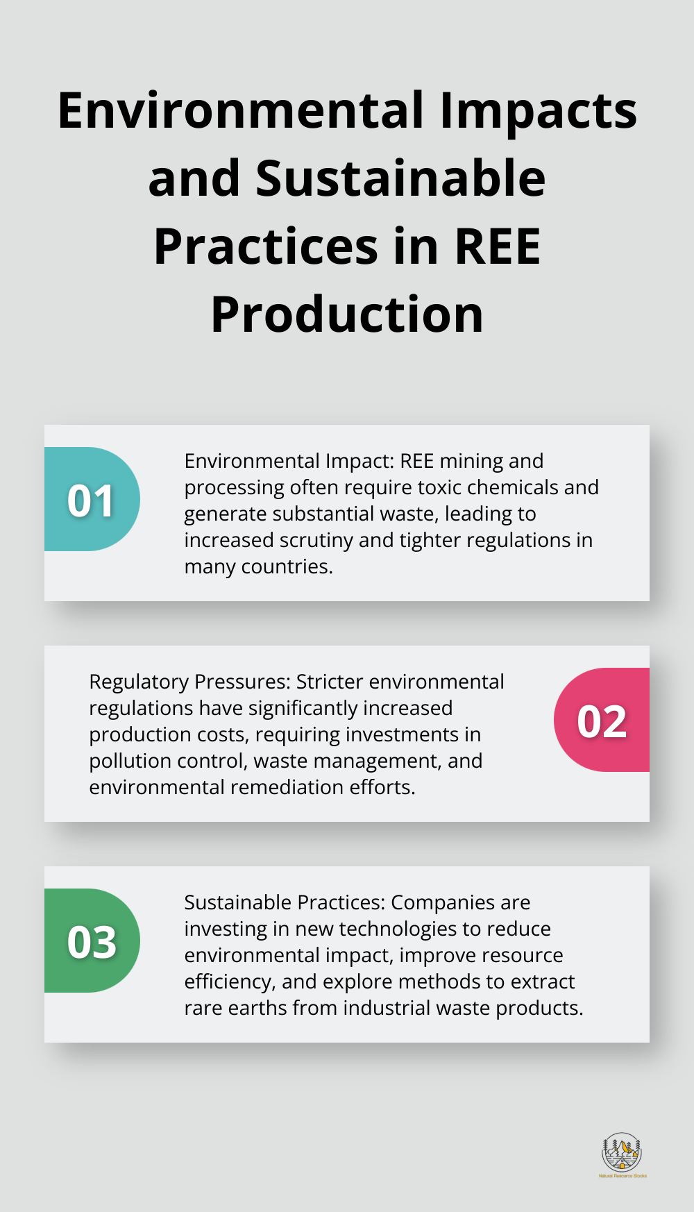 Ordered list chart showing three key points about environmental impacts and sustainable practices in rare earth elements production - rare earth elements price