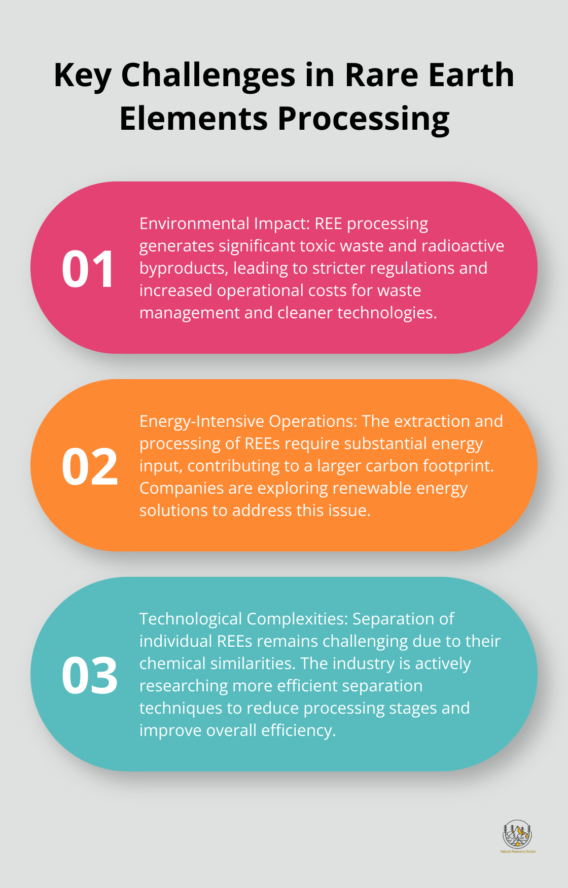 Ordered list chart presenting three main challenges in Rare Earth Elements processing: Environmental Impact, Energy-Intensive Operations, and Technological Complexities