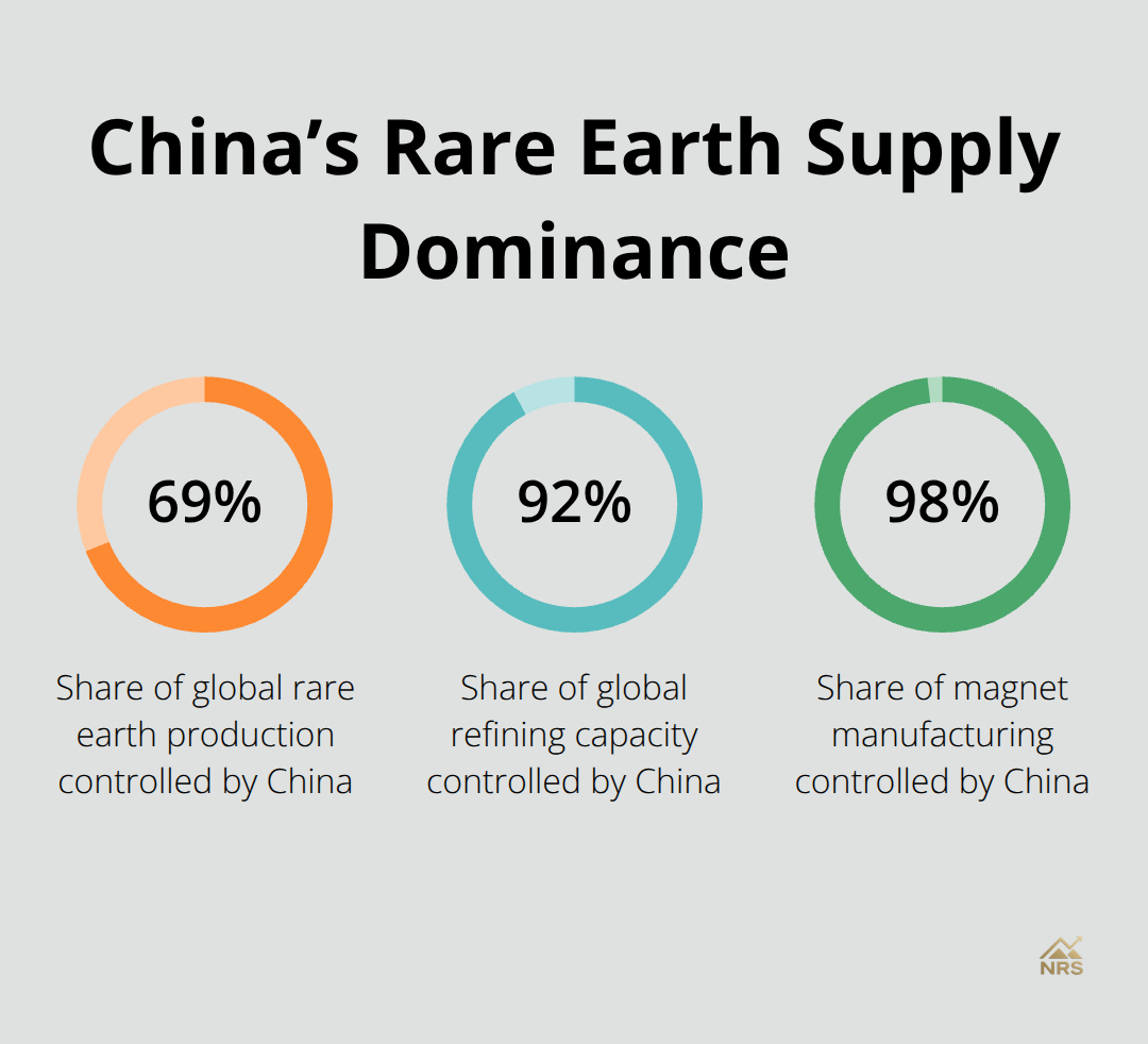 Chart showing China’s dominance: 69% of production, 92% of refining, and 98% of magnet manufacturing.