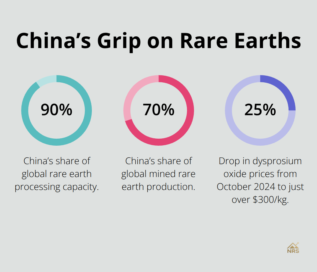 Share of global rare earth processing and mining controlled by China, plus recent dysprosium price drop. - rare earth monetization strategies