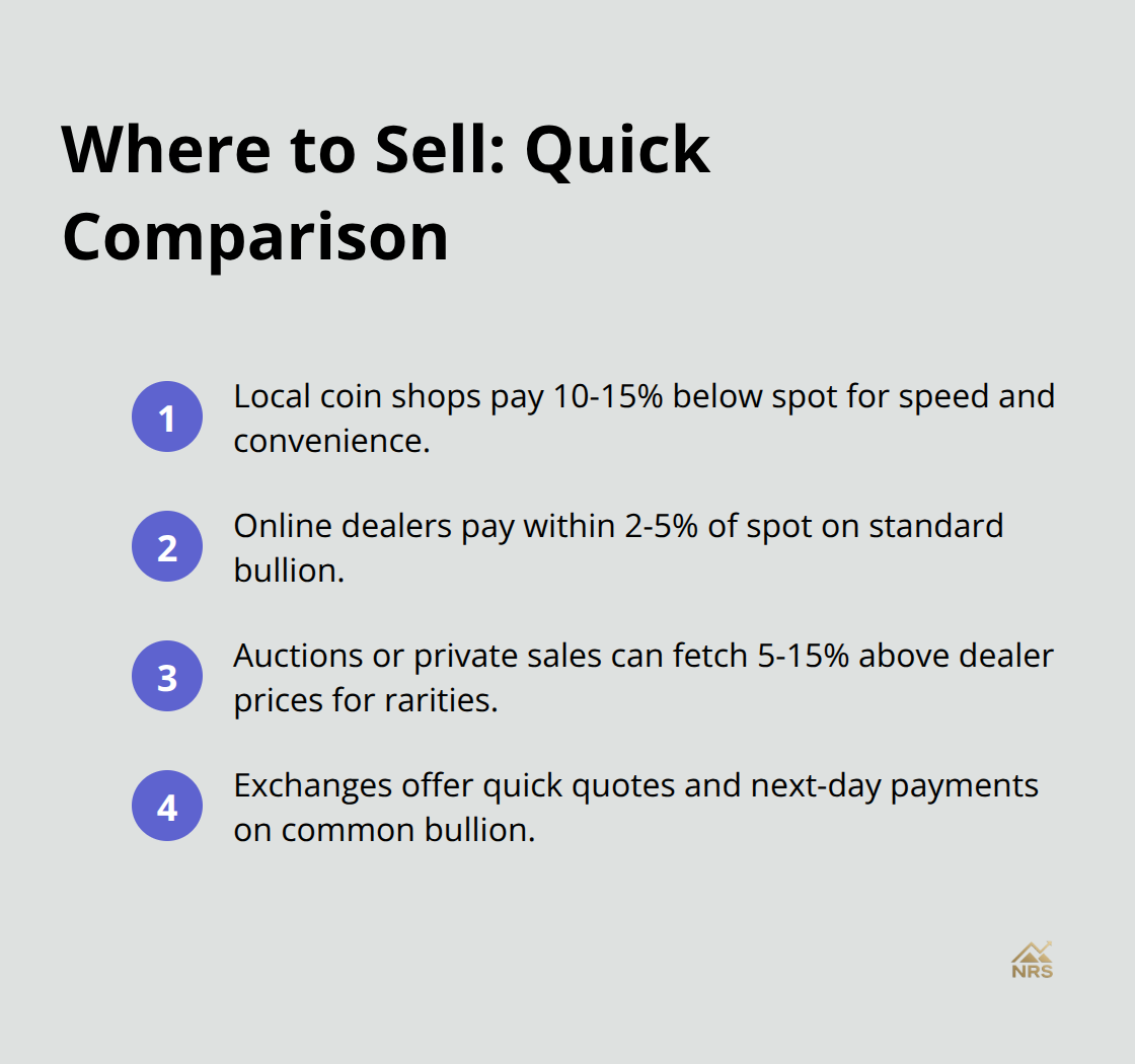 Compact list comparing local shops, online dealers, auctions/private sales, and exchanges. - sell precious metal