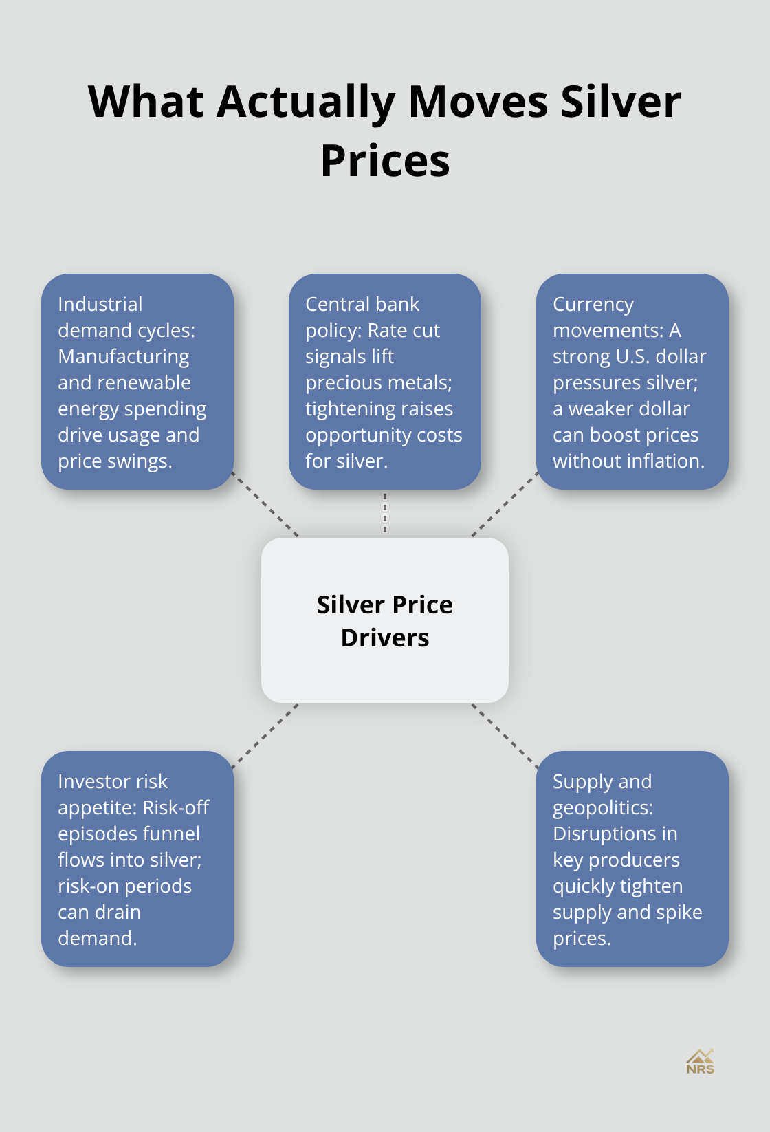 Hub-and-spoke diagram highlighting the main drivers of silver prices for U.S. investors. - silver as inflation hedge