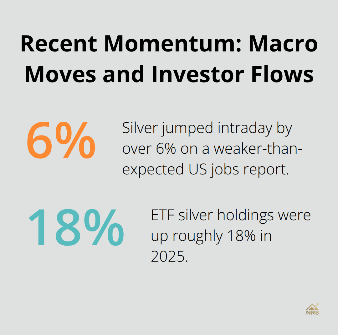 Percentage chart showing silver’s 6% intraday spike and 18% ETF holdings increase - silver stock price forecast