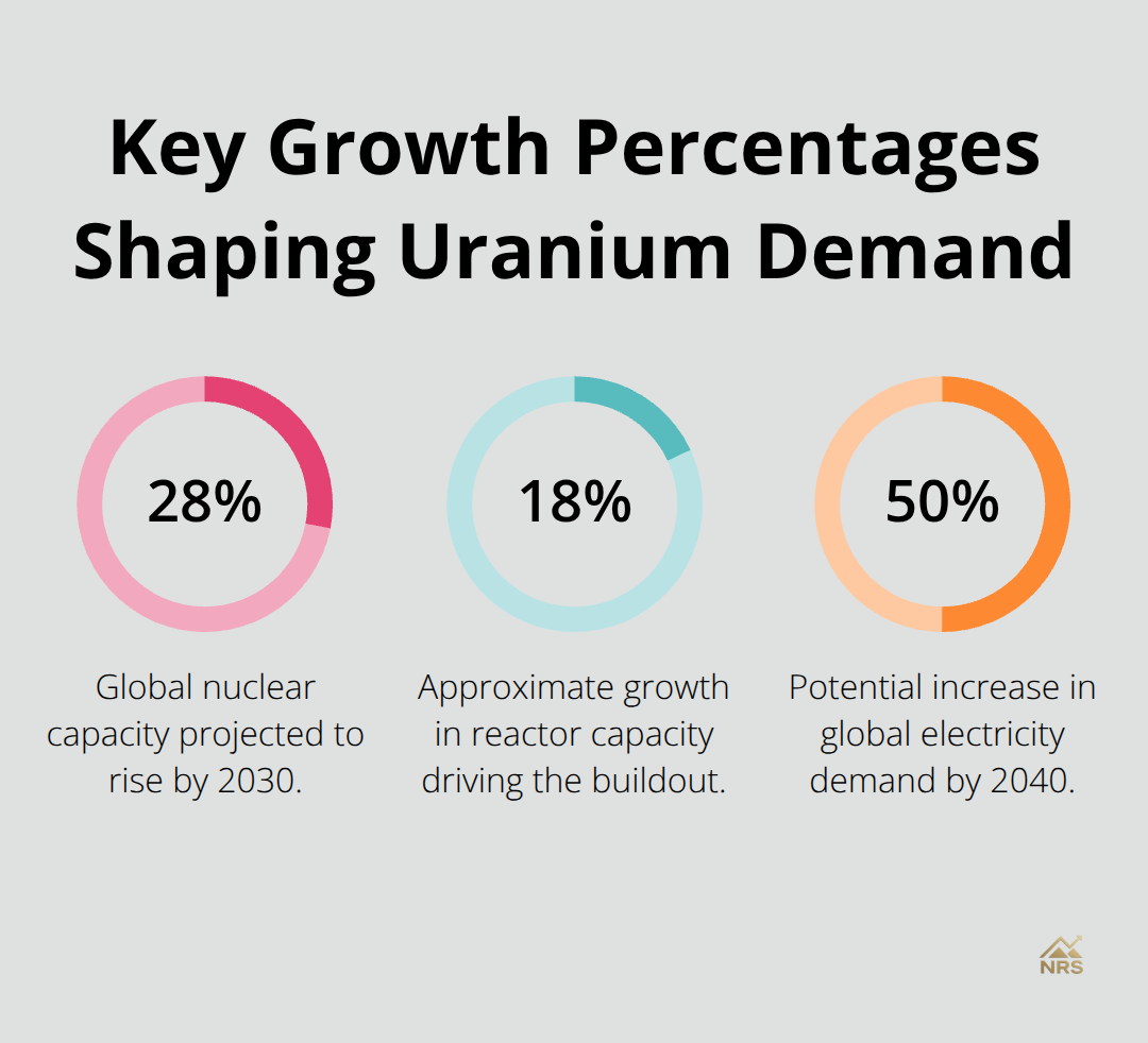 Infographic showing nuclear capacity up 28% by 2030, reactor capacity up ~18%, and electricity demand up to 50% by 2040. - uranium demand outlook 2027